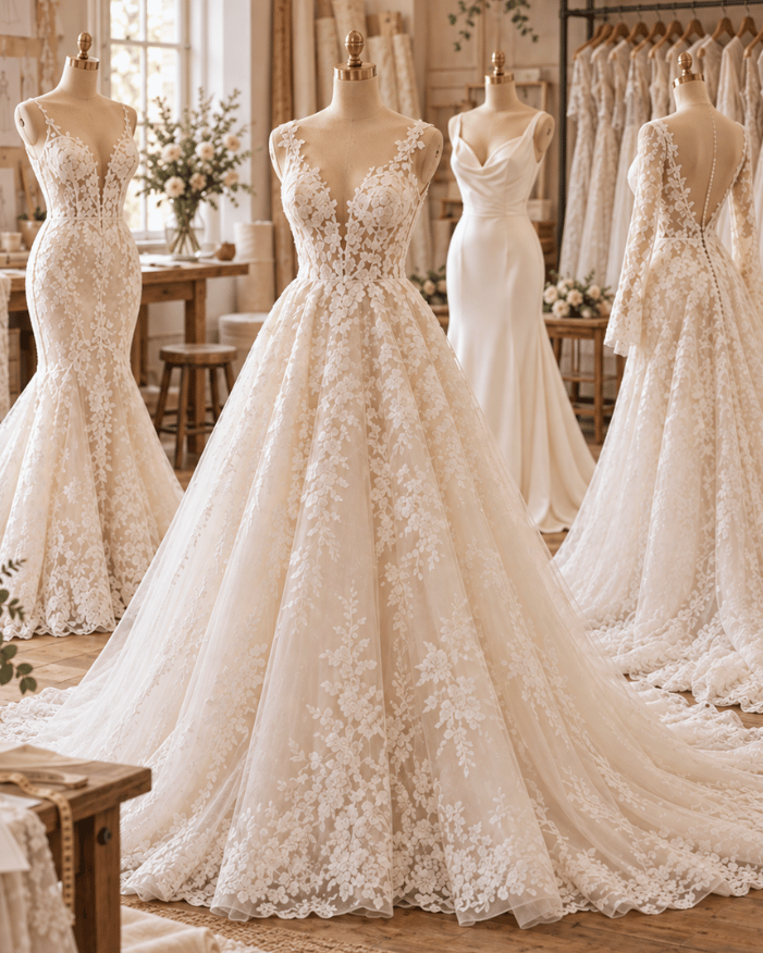 Kleiderstange mit weißen Brautkleidern im Studio